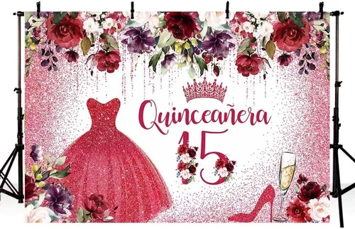 Vista 3 de Telón de fondo de feliz cumpleaños número 15 para niña, quinceañera, flores rojas burdeos, fondo de fotografía, corona roja, decoración de fiesta