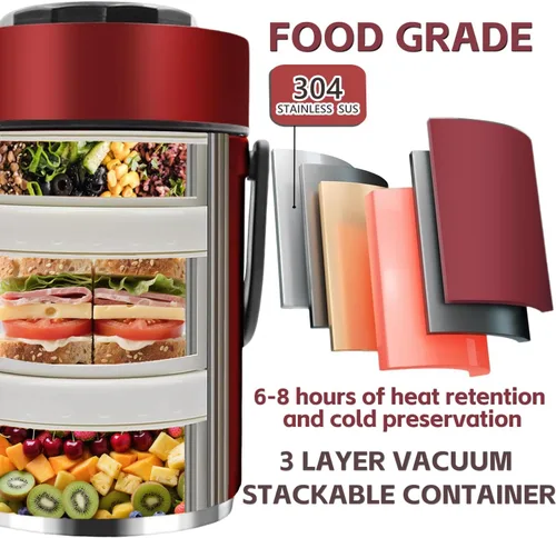 Vista 3 de Contenedor de comida aislado al vacío de 67 onzas para alimentos calientes, termo de alimentos apilable sellado de 3 niveles, lonchera térmica