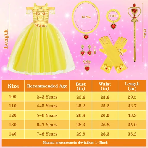 Vista 7 de Tacobear Disfraz de Bella iluminado para niñas, vestidos de Bella con accesorios de vestir, disfraz de princesa para Halloween, cumpleaños