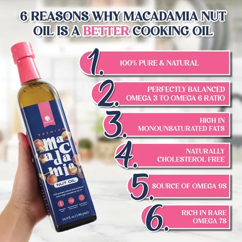Vista 4 de Gourmanity aceite de nuez de macadamia, prensado en frío de fuentes sudafricanas premium, ofrece un rico sabor a mantequilla y es perfecto