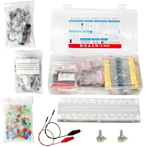 Vista 3 de Kit de componentes electrónicos Total 1615 piezas, tabla de pruebas, clip de cocodrilo, diodos LED, resistencias de película metálica, paquete