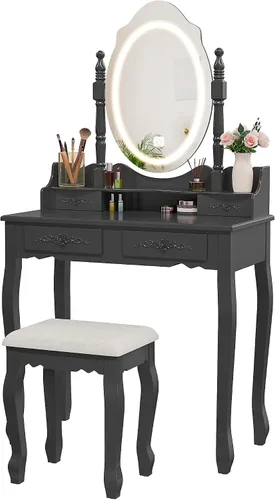 Vista 9 de Escritorio de tocador con espejo y luces, mesa de maquillaje moderna y taburete acolchado con 4 cajones, 3 modos de iluminación de color con brillo