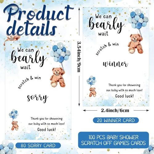 Vista 2 de Affrolling 100 tarjetas para raspar con diseño de oso para baby shower, para invitados, We Can Bearly Wait, agradecimiento, revelación de género
