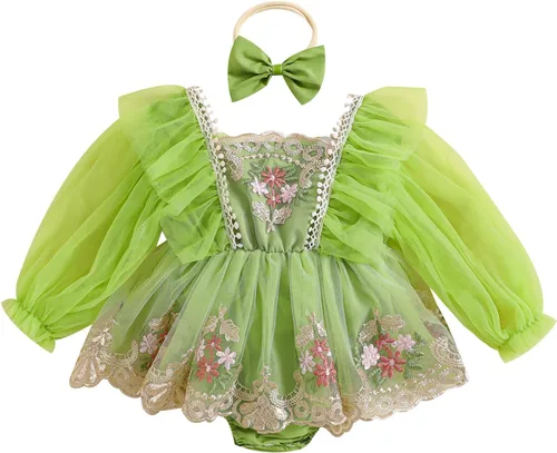 Vista 8 de Ropa para bebé niña con flores, encaje estilo boho, mono con tirantes, traje de verano para bebé niña Achristmas-verde