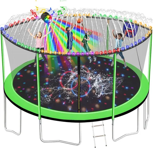Vista 17 de Trampolín de 1500 libras, 10 pies, 12 pies, 14 pies, 15 pies, 16 pies, con luces LED, rociador, altavoz de música y calcetines, trampolín
