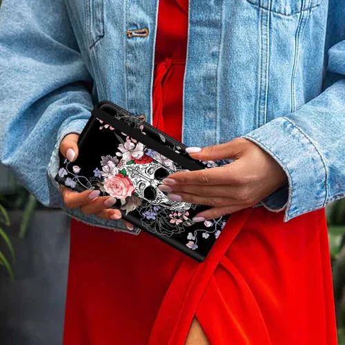 Vista 7 de Cartera de cuero con función de bloqueo RFID para hombres y mujeres, Calavera de alfeñique, Casual