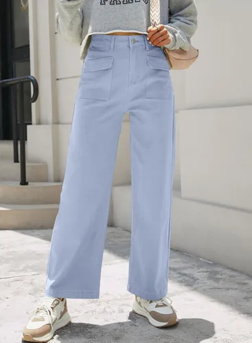 Vista 2 de Dokotoo Pantalones cargo para mujer, holgados, de pierna ancha, cintura alta, pantalones casuales de jean elásticos