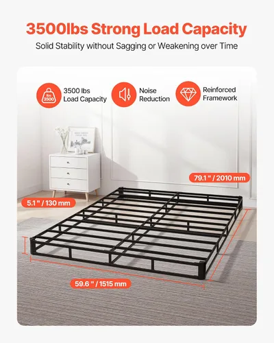 Vista 3 de VEVOR Base de cama tamaño Queen con tela lavable, marco de metal resistente para cama Queen, base de colchón de 5.1 pulgadas, capacidad máxima