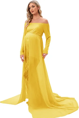 Vista 2 de ZIUMUDY Vestido de sesión de fotos de maternidad de manga larga con hombros descubiertos, vestido de encaje ajustado con capa larga de gasa trian