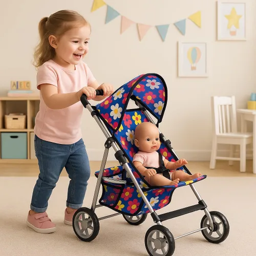 Vista 2 de fash n kolor® - Cochecito de muñeca bebé de lujo con ruedas grandes - Diseño de flores con cesta en la parte inferior - Cochecito de muñeca bebé