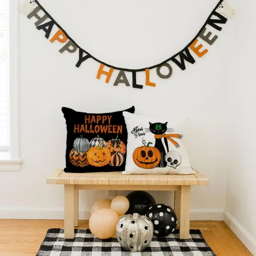 Vista 6 de PANDICORN Juego de 4 fundas de almohada de Halloween de 16 x 16 pulgadas, patas de bruja, gato negro, calabaza, feliz Halloween, fundas de almohadas