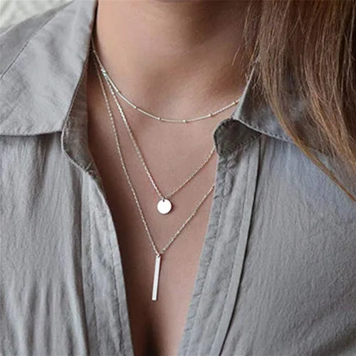 Vista 2 de Collar con dije rectangular de moneda de plata de tres capas para mujeres y adolescentes, regalos de joyería para ella, regalos de aniversario