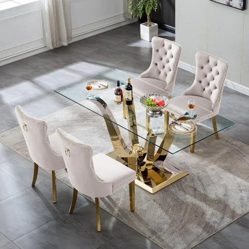 Vista 2 de Moderno juego de mesa de comedor de cristal de 5 piezas para 4, 70 pulgadas rectangular con 4 sillas copetudas de terciopelo beige, juego de mesa