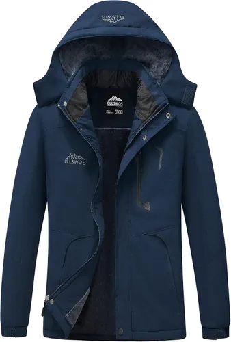 Vista 11 de ELLSWOS Chaqueta de esquí impermeable para hombre, abrigo de nieve de invierno, impermeable cálido con capucha, cortavientos Marrón