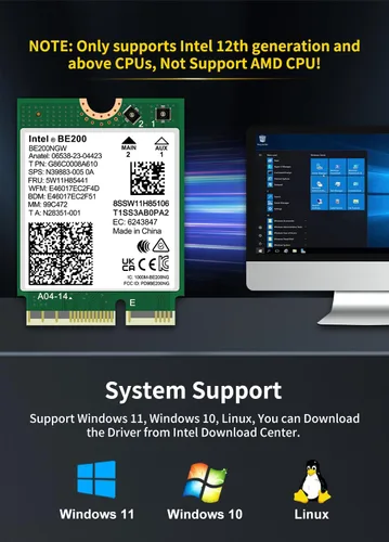 Vista 5 de Tarjeta WiFi 7 Intel BE200 NGW, Bluetooth 5.4, 5800Mbps M.2/NGFF, compatible con Windows 10/11 (64bit), Linux, no compatible con AMD, solo