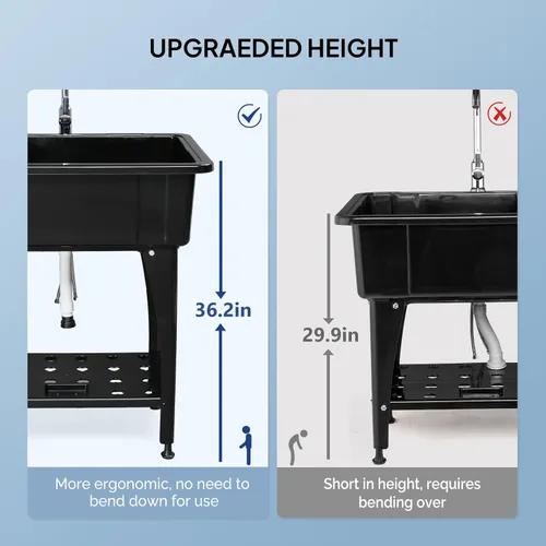 Vista 2 de ROVSUN Fregadero utilitario de plástico negro de 20 galones con grifo de agua caliente y fría, capacidad de carga de 150 libras, altura y versión