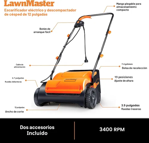 Vista 6 de LawnMaster GV1212B - Podadora escarificadora de césped de 13 pulgadas, 12 amperios