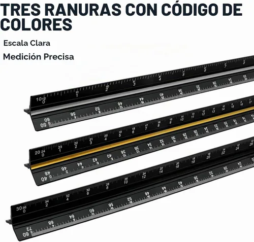 Vista 4 de Regla de escala para ingenieros de 12 pulgadas, regla triangular de ingeniería de aluminio sólido con grabado láser, herramienta de dibujo con Negro