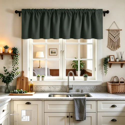 Vista 50 de Cenefa Beige Oscurecedora para Ventana, Cortina Corta con Bolsillo para Barra, Cenefa Primitiva para Sala de Estar, Baño, Guardería, Cocina, Ventana