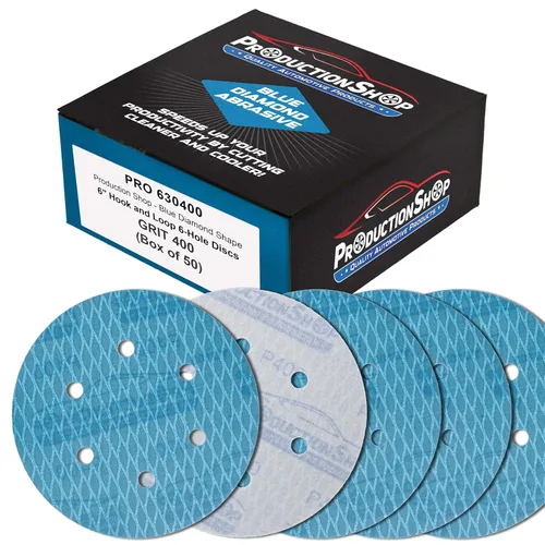Vista 8 de ProductionShop Premium - Discos de lijado azules con forma de rombo de grano 80 de 6 pulgadas, 6 agujeros, caja de 50 – Papel de lija sin polvo