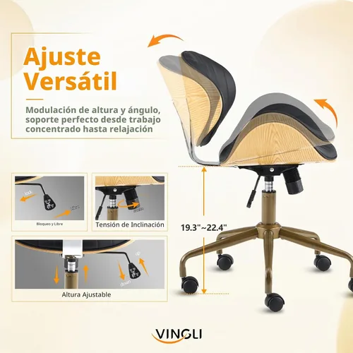 Vista 3 de VINGLI Silla giratoria de oficina en casa amplia y cómoda con carcasa curvada de grano de madera, silla de escritorio ergonómica acolchada sin negro