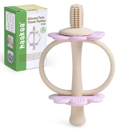 Vista 12 de juguetes de dentición de silicona para bebés haakaa, extremo con forma de pezón para masaje de encías, cabeza de cepillo de dientes de 360°