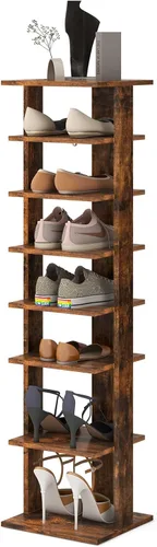 Vista 10 de COSTWAY Zapatero vertical de 8 niveles, organizador de almacenamiento de zapatos alto y estrecho con estante extraíble para botas, kit antivuelcos