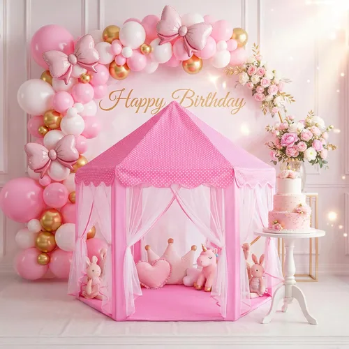Vista 5 de wilwolfer Tienda de campaña tipo castillo de princesa para niñas, tienda de campaña hexagonal grande para jugar, casa de juegos con luces de Tienda