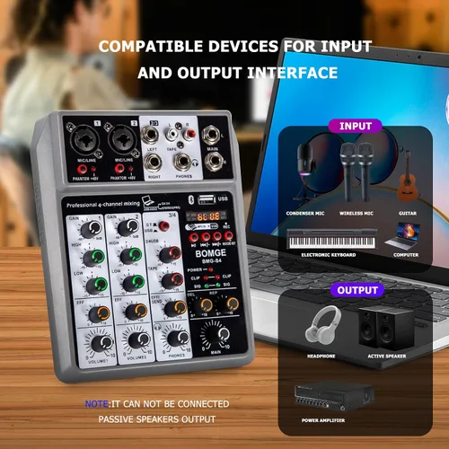 Vista 2 de BOMGE Mezclador de Audio Profesional, Consola de Mezcla de Placa de Sonido con 4 Canales Digital USB Bluetooth Efecto de Eco y Retrazo, Entrada 48V