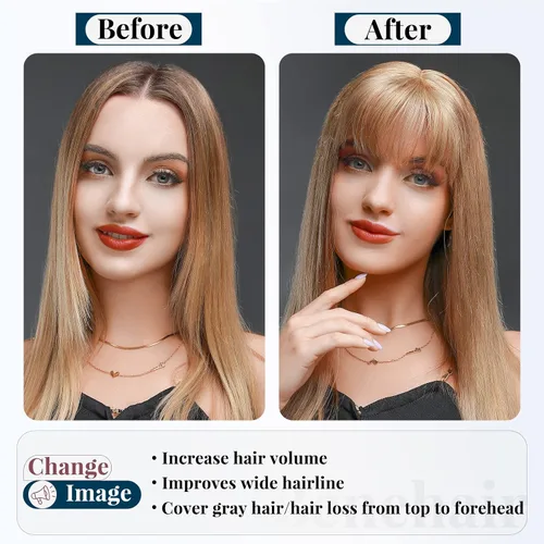 Vista 5 de Benehair Peluca de cabello con clip con flequillo, peluca secreta de cabello 100% humano, postizo superior con flecos, peluca de repuesto