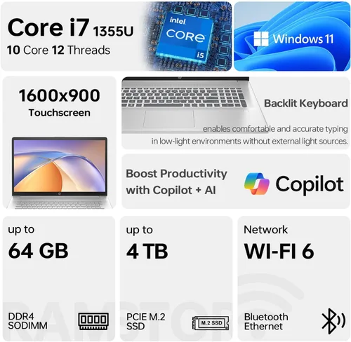Vista 2 de HP Essential 17t Business Laptop con pantalla táctil HD+ de 17.3 pulgadas, Intel Core i7-1355U (> R5 7430U), procesador de nivel de alto
