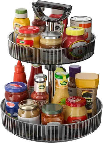 Vista 10 de Lazy Susan - Organizador giratorio de 2 niveles, organizador giratorio de plástico de 11.4 pulgadas para armario de cocina, despensa, encimera
