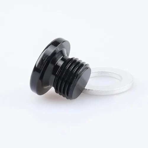 Vista 2 de AC PERFORMANCE Enchufe de puerto métrico de aluminio M10 x 1.0 negro de perfil bajo con tapón hexagonal y arandela de aluminio