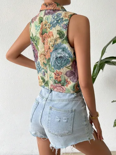 Vista 2 de WDIRARA Chaleco corto casual sin mangas con estampado floral y botones en la parte delantera