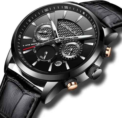 Vista 2 de CRRJU Relojes de pulsera con cronógrafo casual de cuarzo para hombre impermeable correa de cuero negro