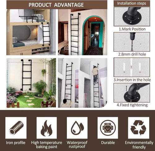 Vista 7 de Metal Twin Bed Bunk Ladder for Loft Dorm, Wall Mounted Home Attic High Bed Step Ladders Climbing Ladder 49"/51"/55"/65", Black Wrought Iron Window