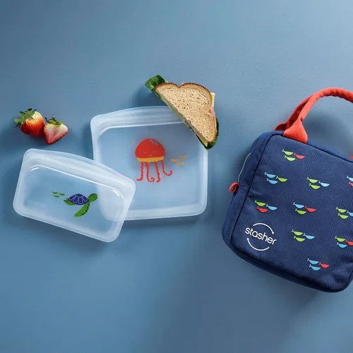 Vista 4 de Stasher - Colección de almuerzo reutilizable para niños, paquete de 3 con bolsa de almuerzo Food-Safe Silicone, BPA-Free, Leak-Free, Eco-Friendly