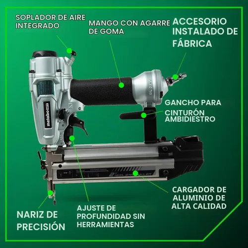 Vista 4 de Metabo HPT Clavadora Pro Brad, Clavadora Neumática de Acabado Pro-Preferida para Trabajos de Molduras, Construcción de Muebles, Ligera y Duradera