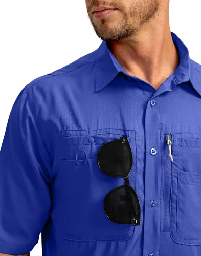 Vista 2 de Camisas de pesca para hombre con bolsillos con cremallera, UPF 50+, ligeras, frescas, de manga corta, con botones, para hombre, casual, senderismo