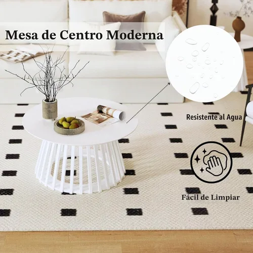 Vista 4 de DUOMAY Moderna mesa de centro redonda de madera maciza con base geométrica, mesa central de madera resistente para sala de estar, salón, oficina