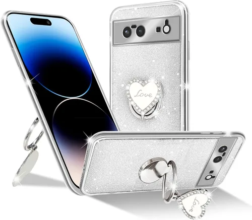 Vista 49 de Funda protectora transparente de 3 capas con anillo bonito soporte, para mujeres y niñas, para Pixel 6 2021 (lavanda)