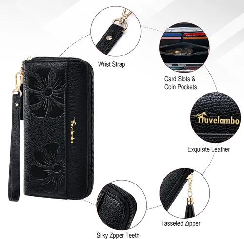 Vista 5 de Travelambo Cartera con borla plegable para mujer, bolso de mano con correa para la muñeca, bolso largo