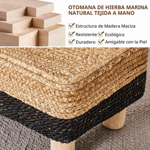 Vista 4 de Wimarsbon Reposapiés Otomán Rectangular de Hierba Marina Natural Reposapiés Pouf Otomanes con Patas de Madera Tejido a Mano Taburete Escalón
