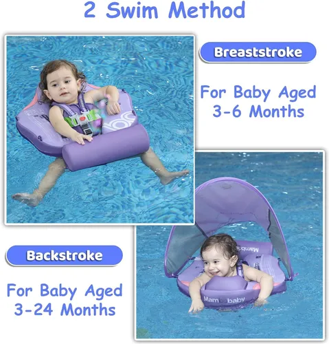 Vista 2 de Mambobaby Flotador para bebé con toldo y cola, flotador no inflable para piscina, correa de seguridad ajustable, entrenador de natación para niños