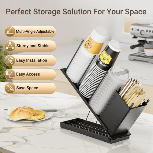 Vista 4 de Dunatou - Soporte para tazas y tapaderas, organizador ajustable para tazas de café, dispensador de 4 compartimentos para tazas de café, dispensador