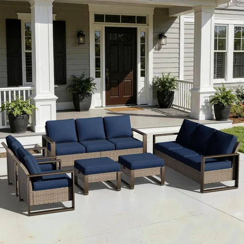 Vista 47 de Joyside - Sofá de mimbre para patio al aire libre, sofá de ratán de 3 plazas con cojines gruesos de olefina y reposabrazos rectangular con marco
