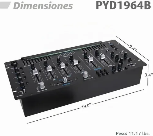 Vista 3 de Pyle Controlador DJ mezclador de 6 canales con Bluetooth, sistema de mezcla digital de sonido profesional con iluminación LED, controles