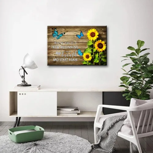 Vista 4 de WHAOMIOT Póster de lienzo con citas inspiradoras de mariposa azul con girasoles "Every Day Is A New Beginning", fotos sin marco, 24 x 16 pulgadas