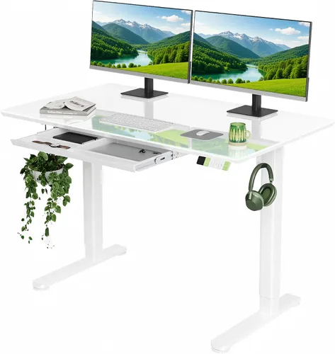 Vista 17 de INNOVAR Escritorio de pie de cristal con cajones, escritorio de pie ajustable de 32 x 19 pulgadas, escritorio de computadora de oficina en casa