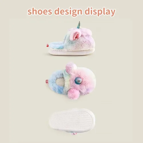 Vista 4 de Yooname Cute Unicorn Dinosaur Plush Warm Slippers for Kids Toddlers Girls Boys, Winter Cozy House Non-slip Slippers for Indoor Outdoor,Unicorn Gift